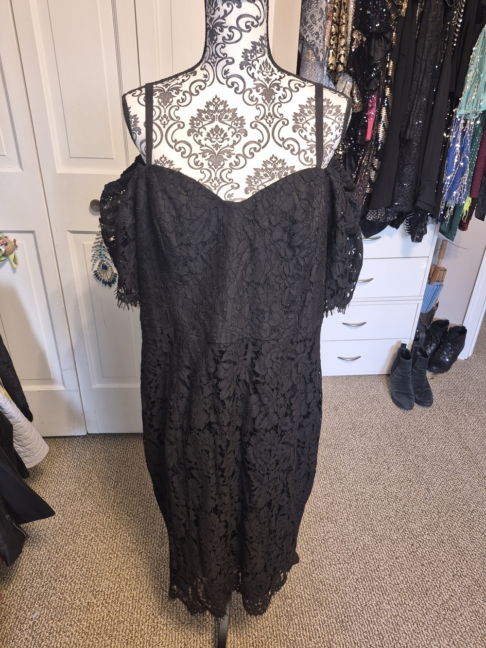 Black Lace Off-Shoulder Midi Dress